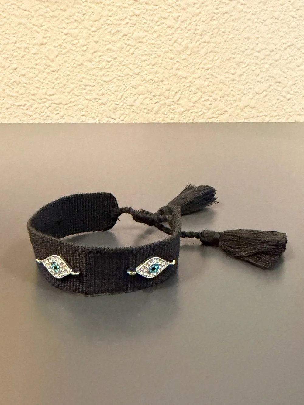 Black Woven Tassel Rhinestone Evil Eye Friendship Bracelet NEW